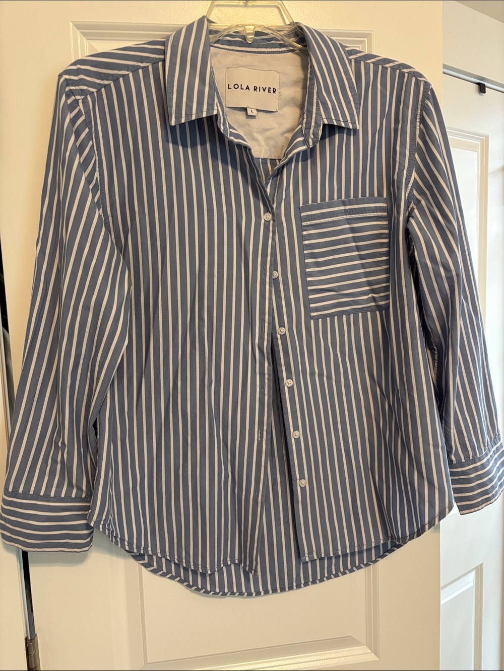 Lola River Blue and White Striped Button-Up Shirt, Size L